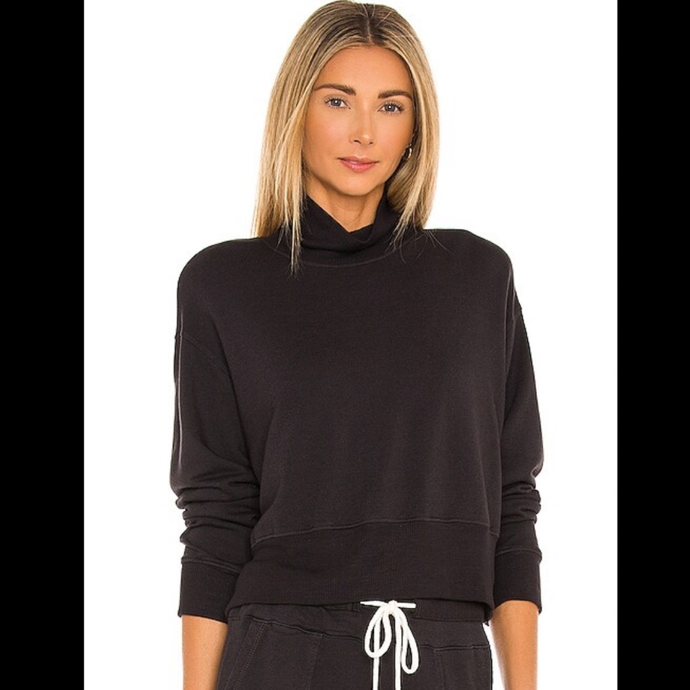 MONROW Supersoft Fleece Mock Neck Slouchy Sweatshirt Faded Black Cropped Small‎